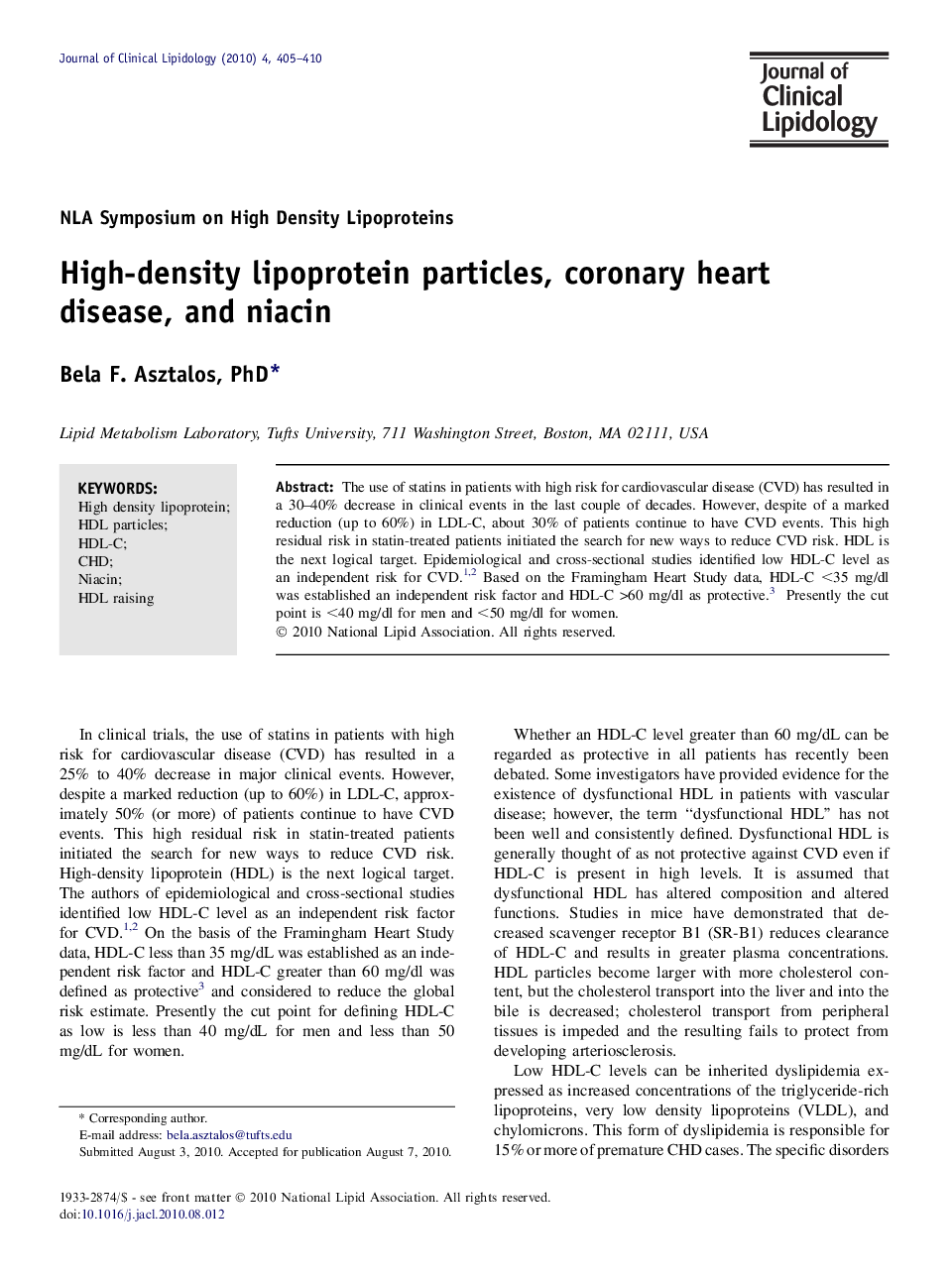 High-density lipoprotein particles, coronary heart disease, and niacin