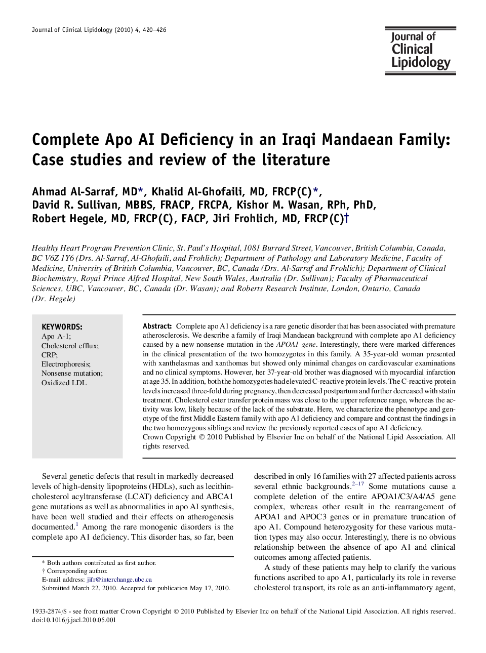 Complete Apo AI Deficiency in an Iraqi Mandaean Family: Case studies and review of the literature