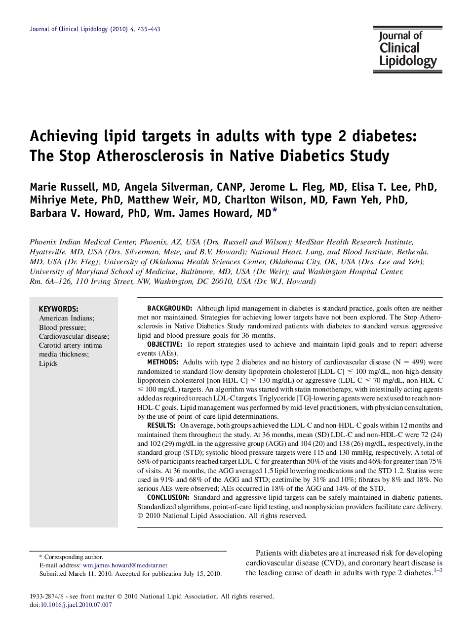 Achieving lipid targets in adults with type 2 diabetes: The Stop Atherosclerosis in Native Diabetics Study