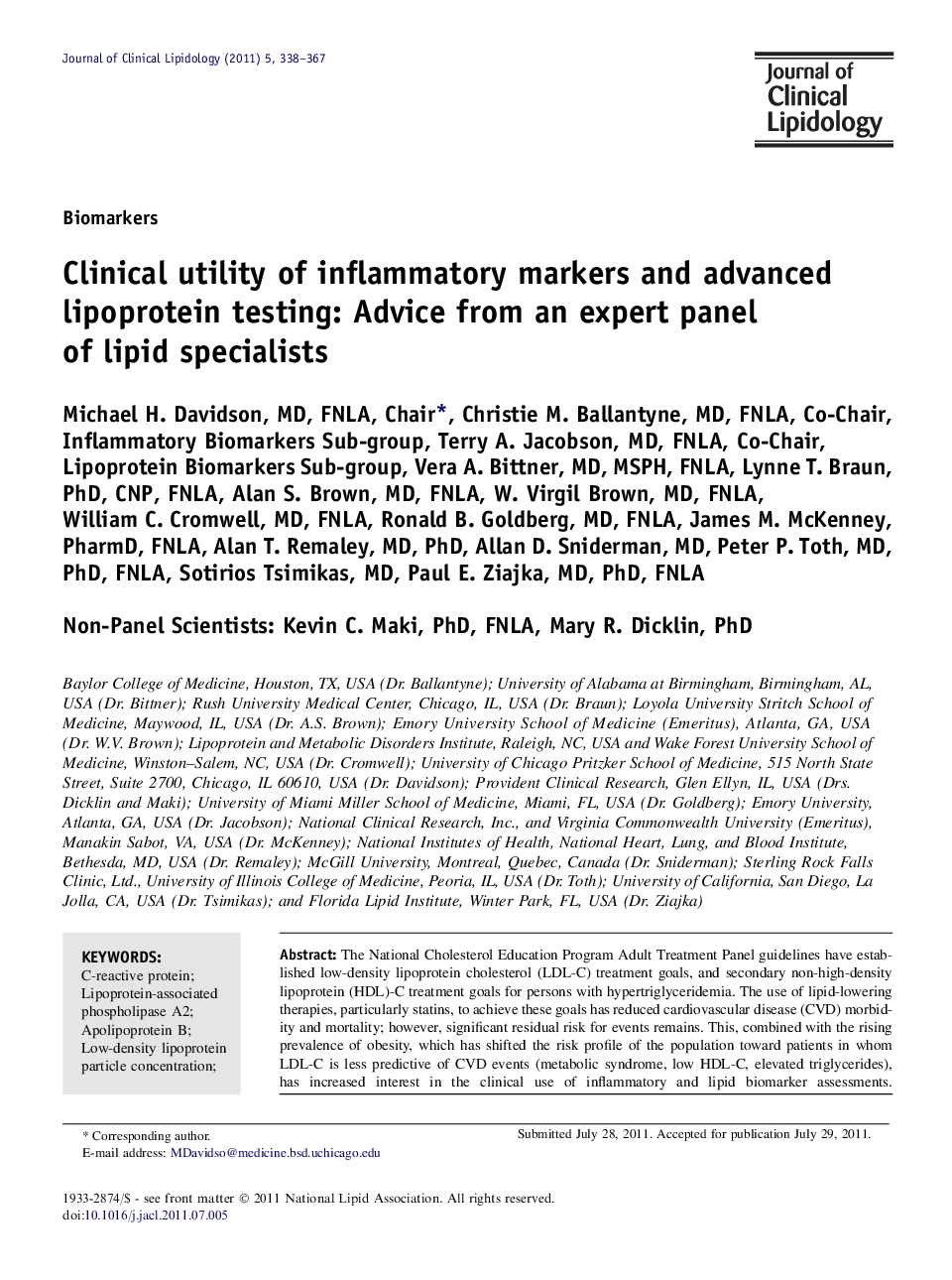 Clinical utility of inflammatory markers and advanced lipoprotein testing: Advice from an expert panel of lipid specialists