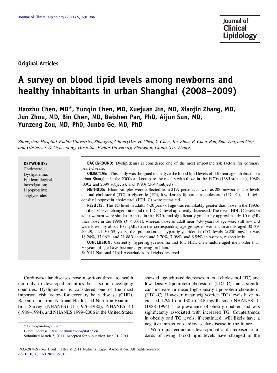 A survey on blood lipid levels among newborns and healthy inhabitants in urban Shanghai (2008-2009)