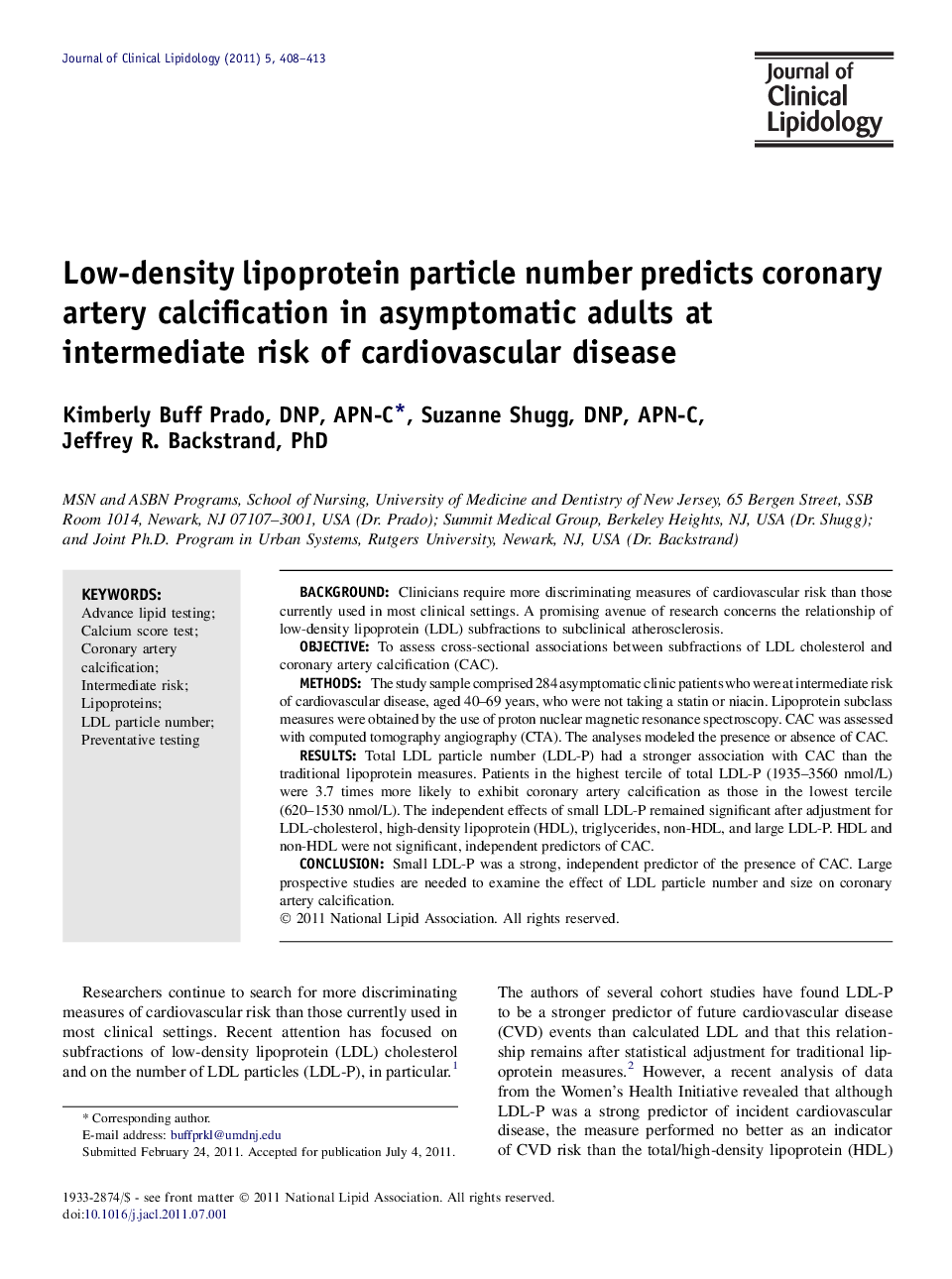 Low-density lipoprotein particle number predicts coronary artery calcification in asymptomatic adults at intermediate risk of cardiovascular disease