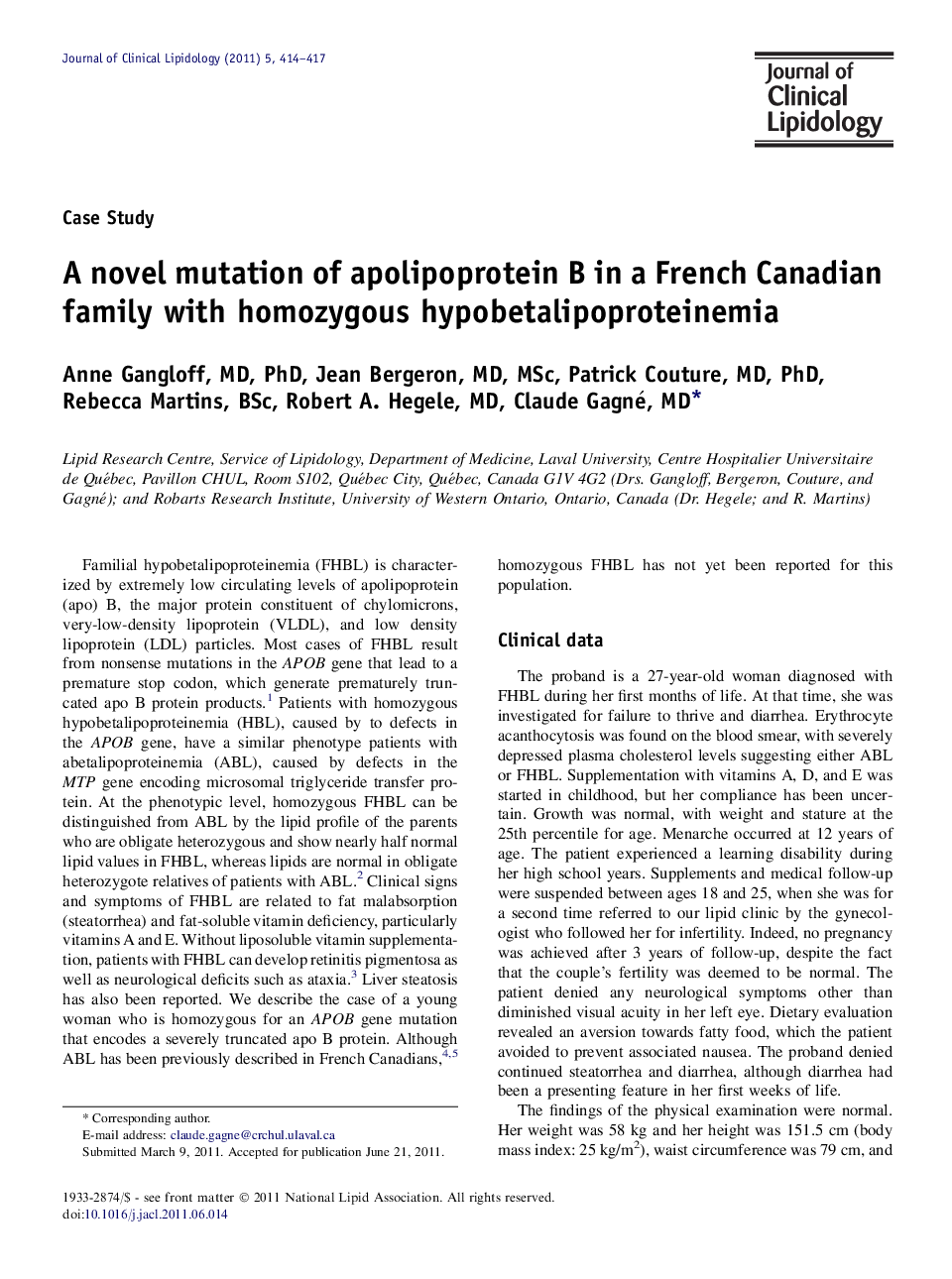 A novel mutation of apolipoprotein B in a French Canadian family with homozygous hypobetalipoproteinemia