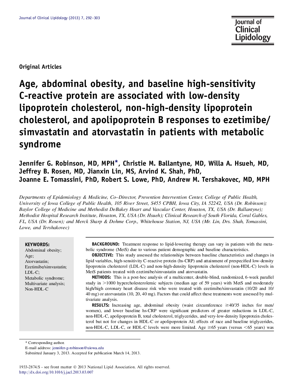 Age, abdominal obesity, and baseline high-sensitivity C-reactive protein are associated with low-density lipoprotein cholesterol, non-high-density lipoprotein cholesterol, and apolipoprotein B responses to ezetimibe/simvastatin and atorvastatin in patient