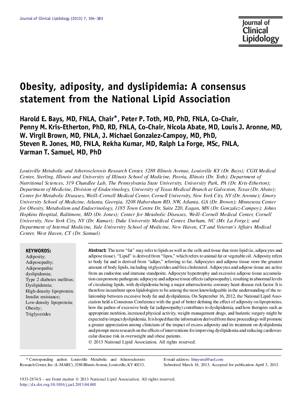 Obesity, adiposity, and dyslipidemia: A consensus statement from the National Lipid Association