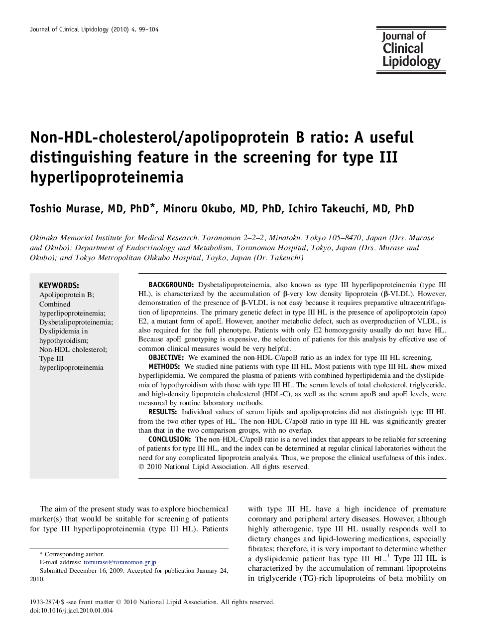 Non-HDL-cholesterol/apolipoprotein B ratio: A useful distinguishing feature in the screening for type III hyperlipoproteinemia