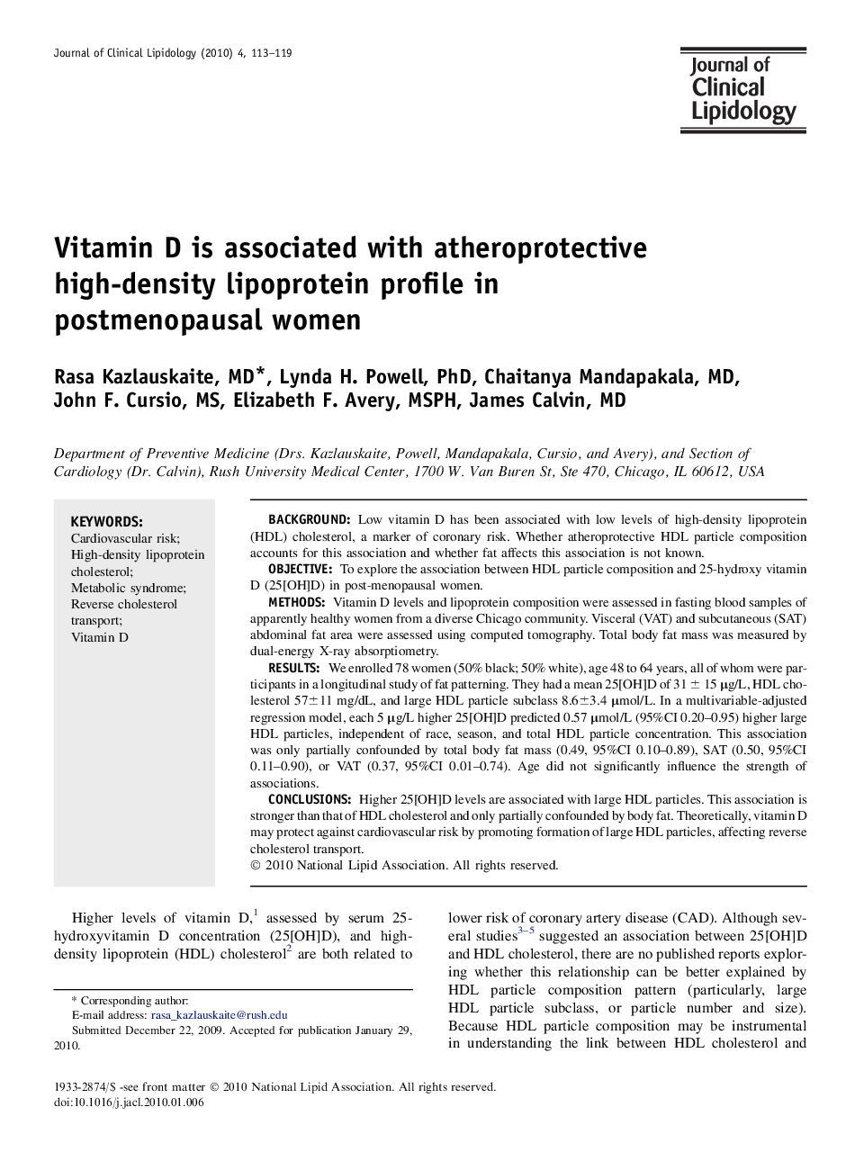 Vitamin D is associated with atheroprotective high-density lipoprotein profile in postmenopausal women