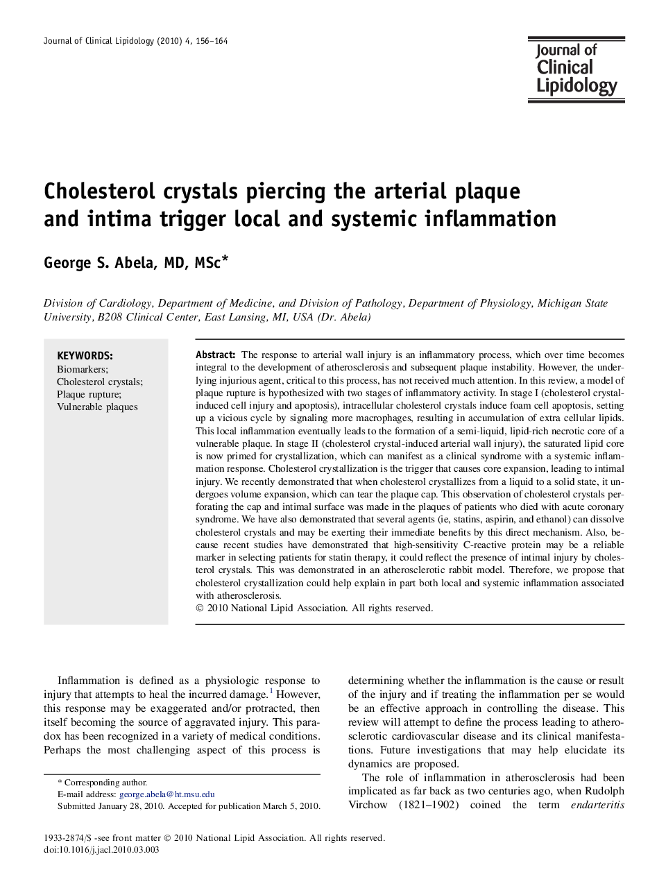 Cholesterol crystals piercing the arterial plaque and intima trigger local and systemic inflammation