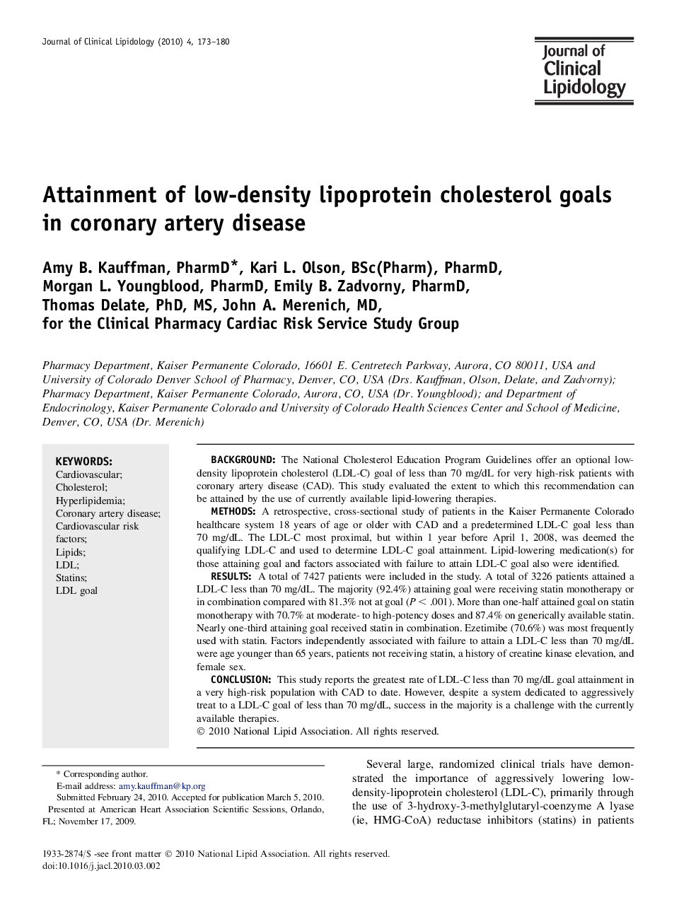 Attainment of low-density lipoprotein cholesterol goals in coronary artery disease