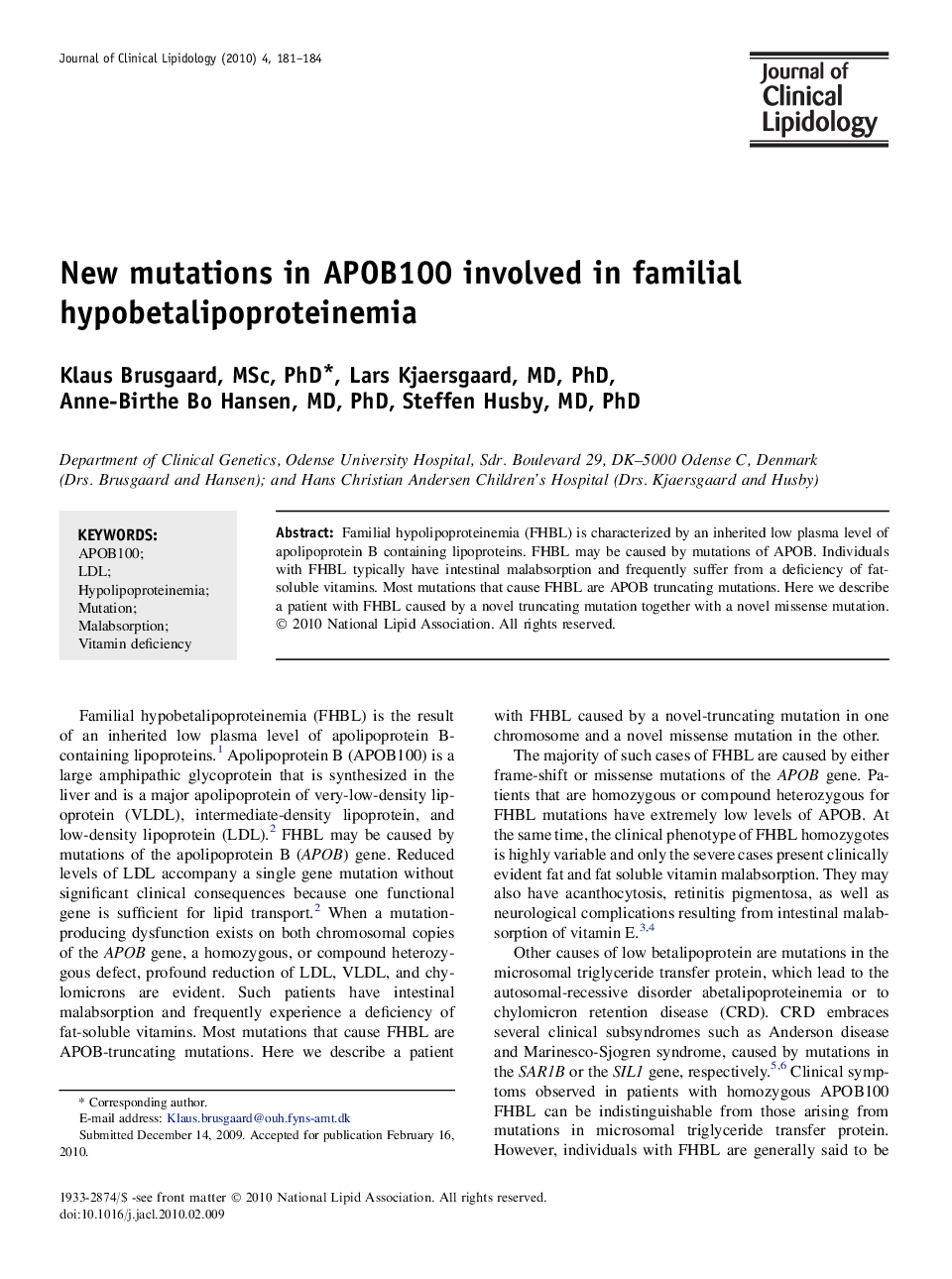 New mutations in APOB100 involved in familial hypobetalipoproteinemia