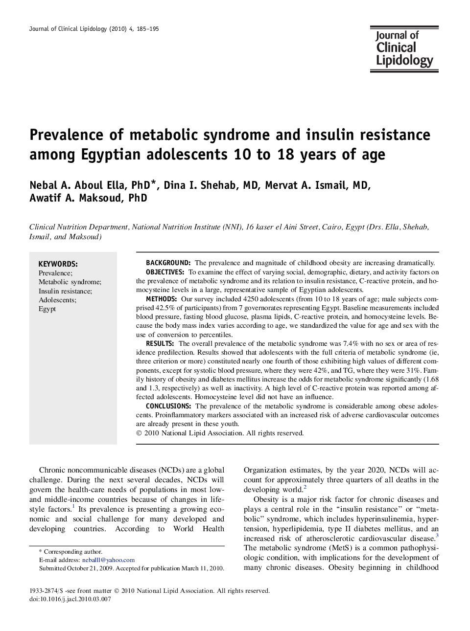 Prevalence of metabolic syndrome and insulin resistance among Egyptian adolescents 10 to 18 years of age