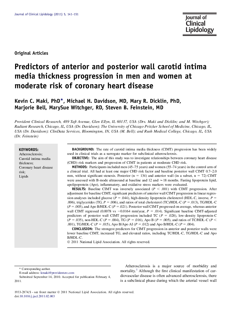 Predictors of anterior and posterior wall carotid intima media thickness progression in men and women at moderate risk of coronary heart disease