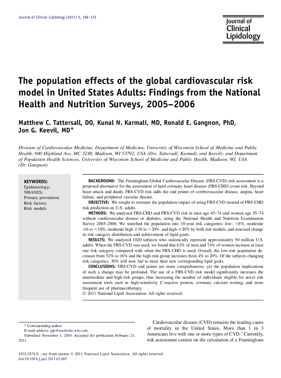 The population effects of the global cardiovascular risk model in United States Adults: Findings from the National Health and Nutrition Surveys, 2005–2006