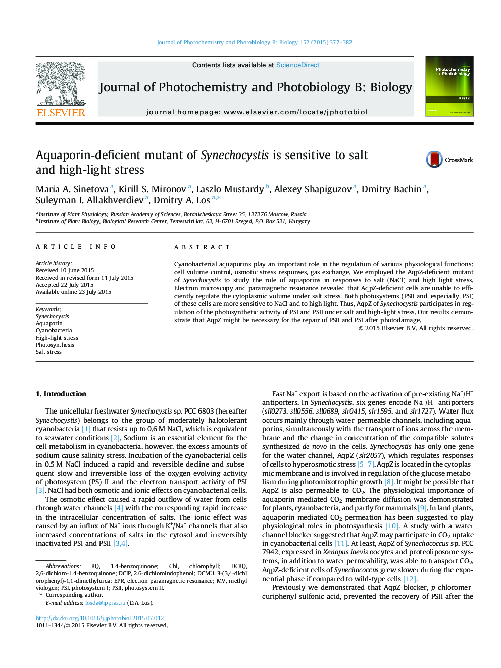 Aquaporin-deficient mutant of Synechocystis is sensitive to salt and high-light stress