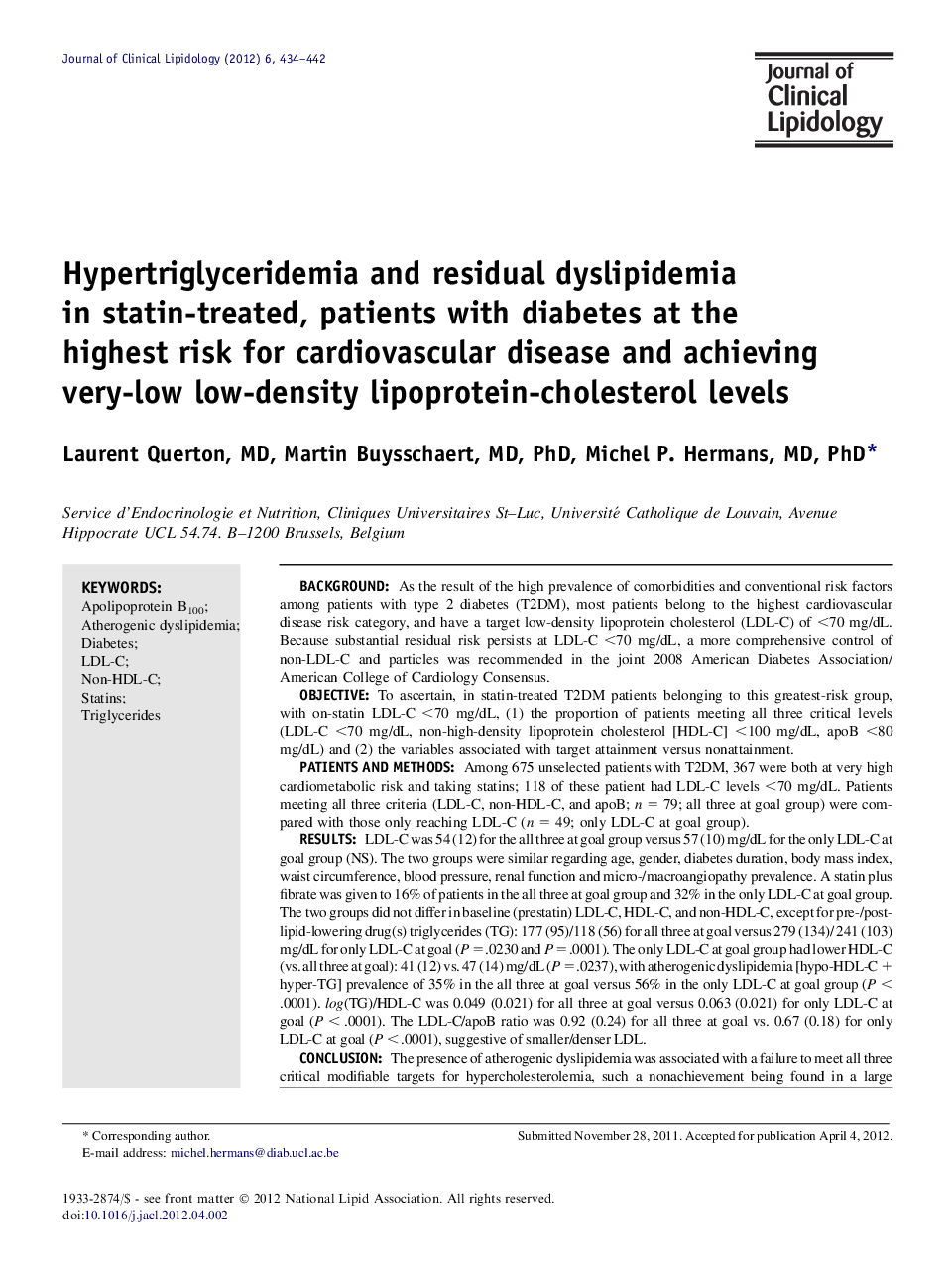 Hypertriglyceridemia and residual dyslipidemia in statin-treated, patients with diabetes at the highest risk for cardiovascular disease and achieving very-low low-density lipoprotein-cholesterol levels