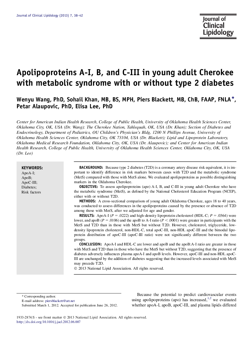 Apolipoproteins A-I, B, and C-III in young adult Cherokee with metabolic syndrome with or without type 2 diabetes