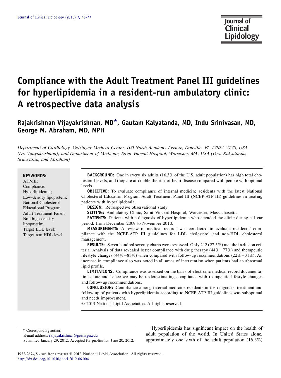 Compliance with the Adult Treatment Panel III guidelines for hyperlipidemia in a resident-run ambulatory clinic: A retrospective data analysis