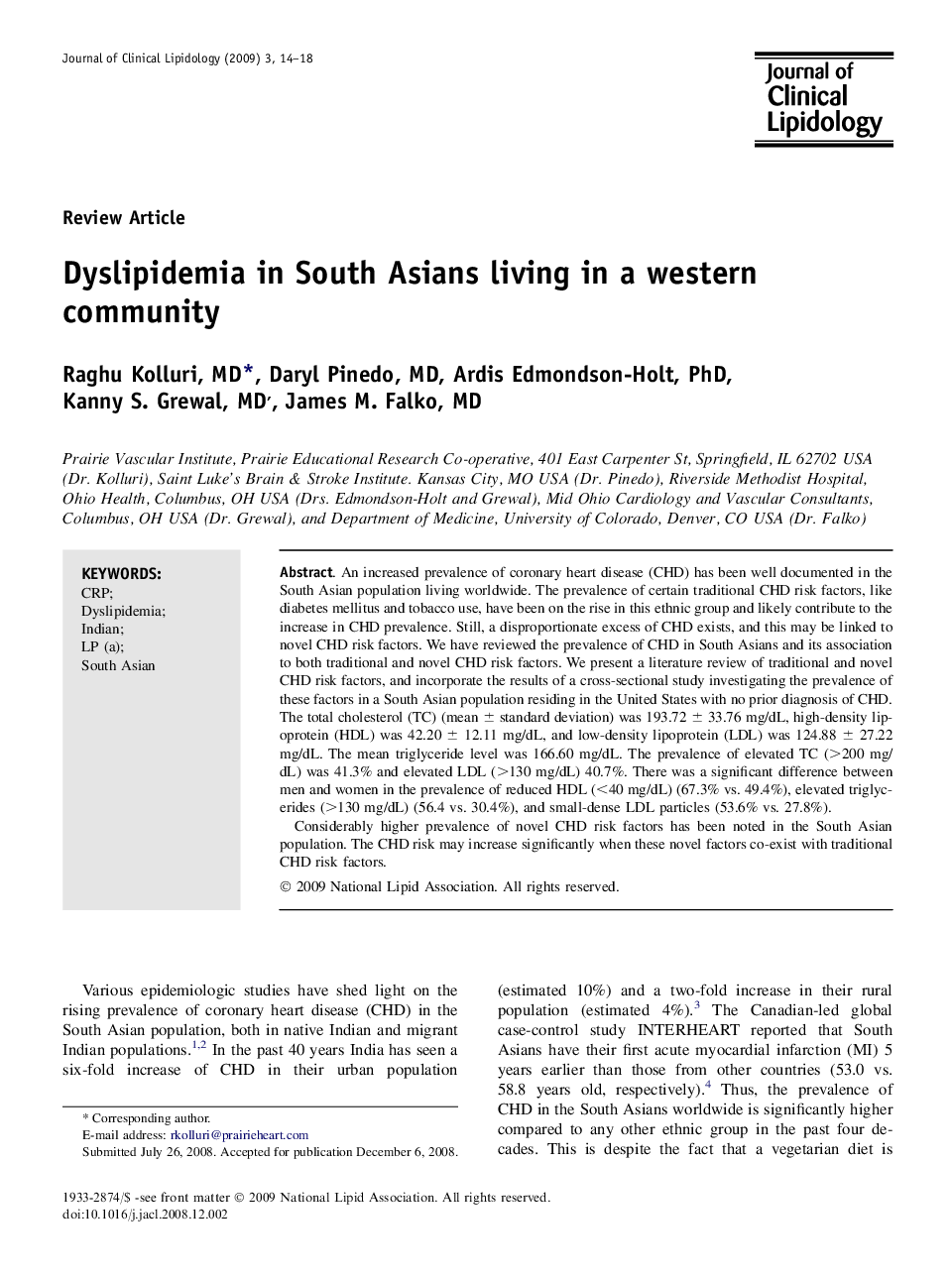 Dyslipidemia in South Asians living in a western community