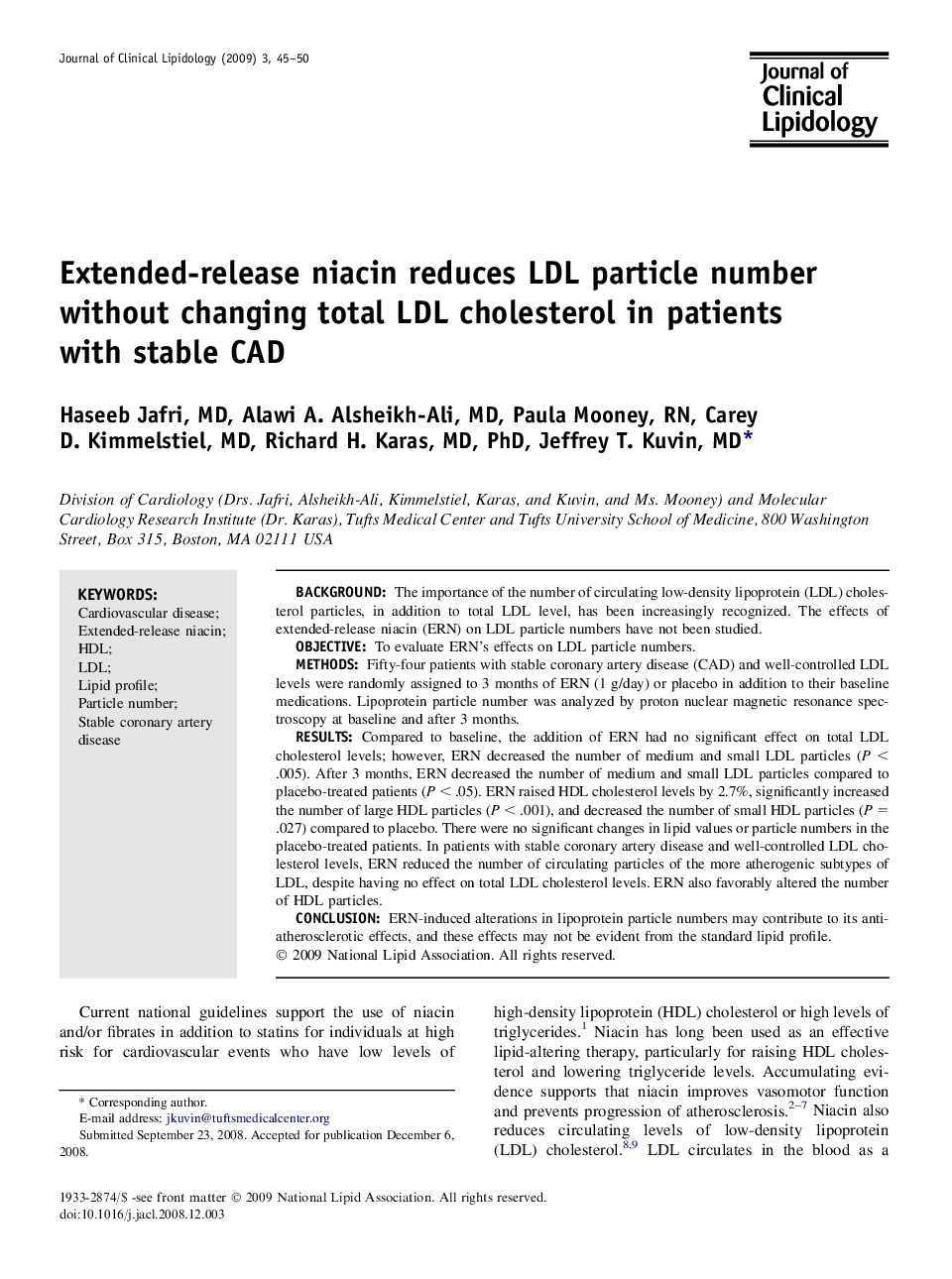 Extended-release niacin reduces LDL particle number without changing total LDL cholesterol in patients with stable CAD