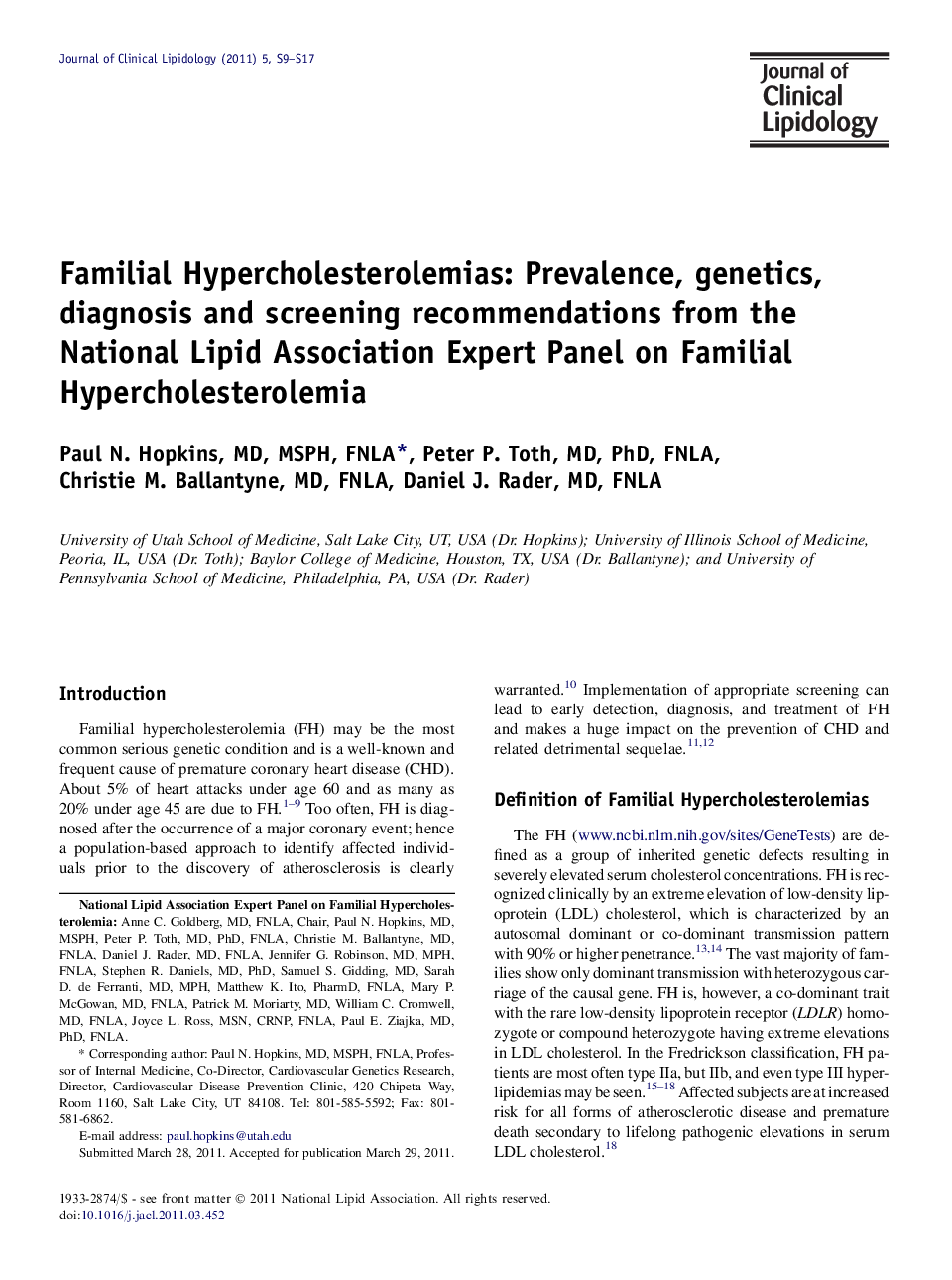 Familial Hypercholesterolemias: Prevalence, genetics, diagnosis and screening recommendations from the National Lipid Association Expert Panel on Familial Hypercholesterolemia