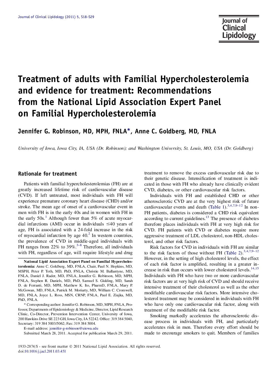 Treatment of adults with Familial Hypercholesterolemia and evidence for treatment: Recommendations from the National Lipid Association Expert Panel on Familial Hypercholesterolemia