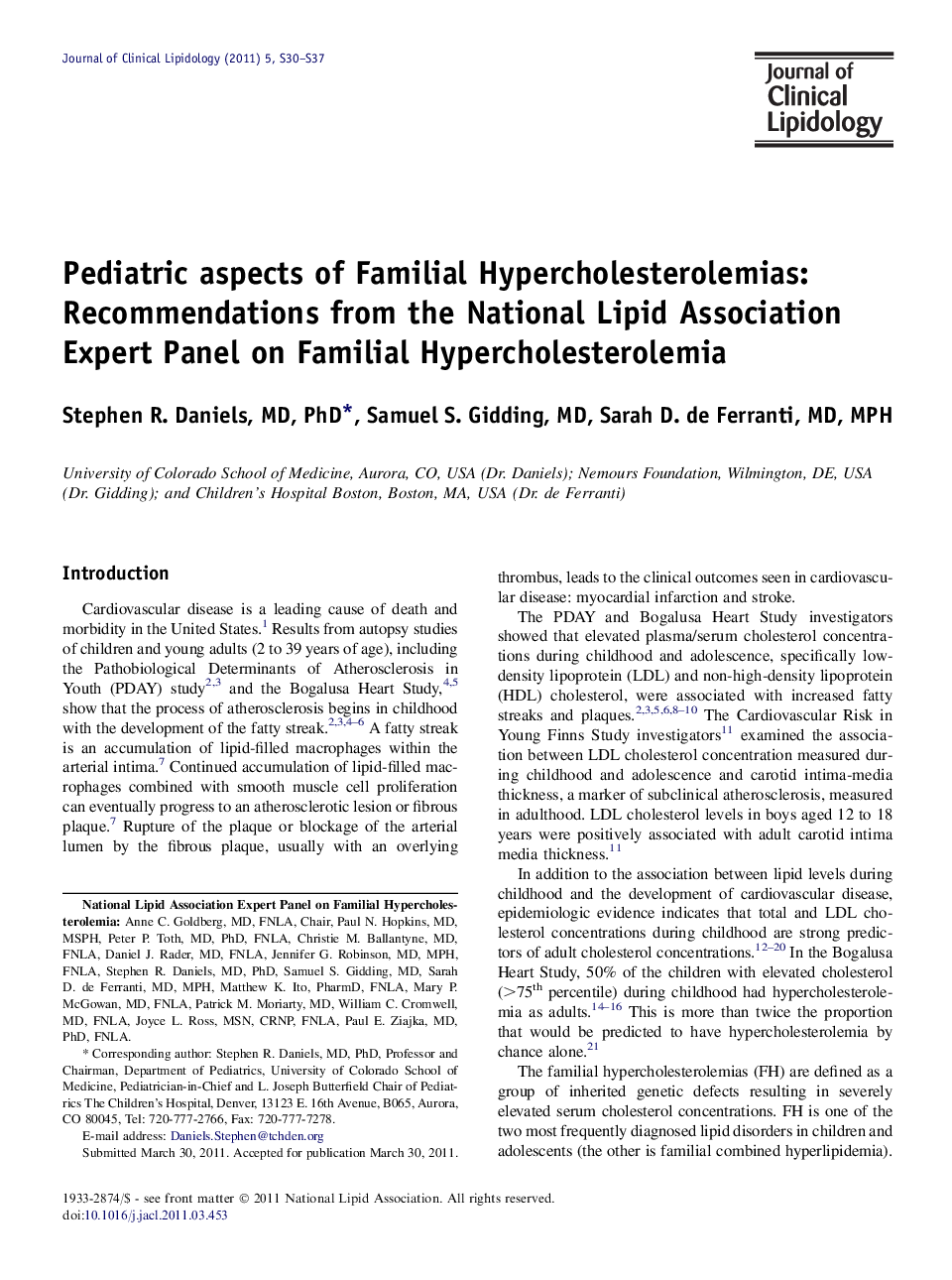 Pediatric aspects of Familial Hypercholesterolemias: Recommendations from the National Lipid Association Expert Panel on Familial Hypercholesterolemia