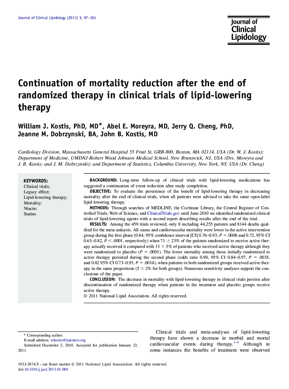 Continuation of mortality reduction after the end of randomized therapy in clinical trials of lipid-lowering therapy