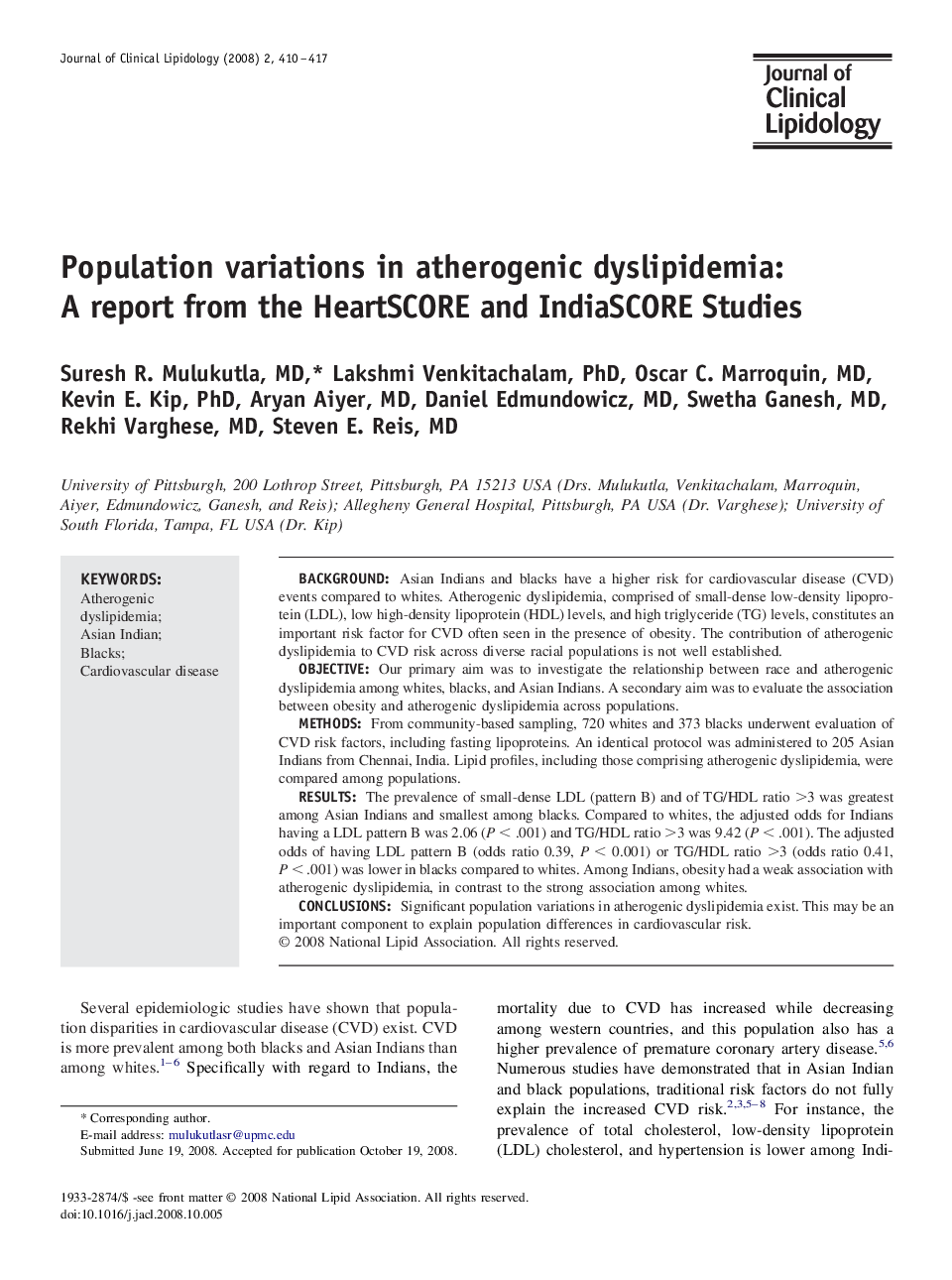 Population variations in atherogenic dyslipidemia: A report from the HeartSCORE and IndiaSCORE Studies