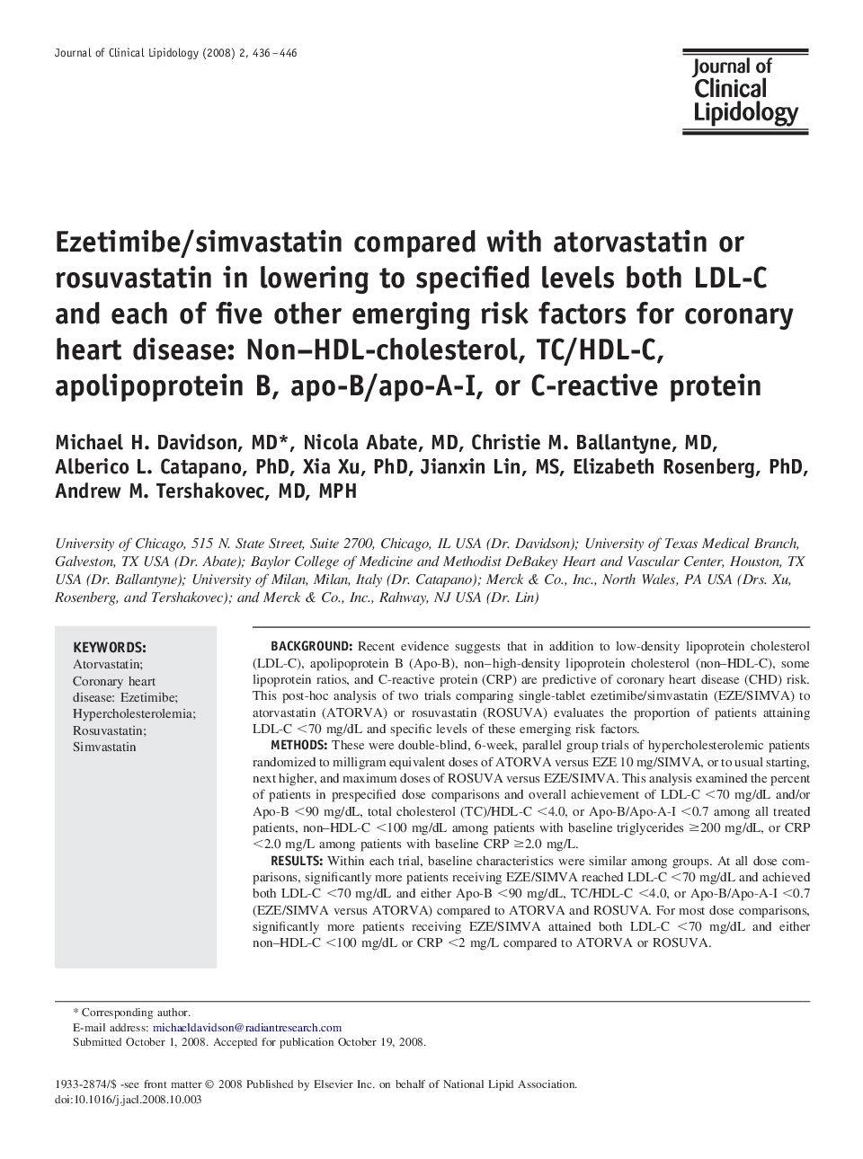 Ezetimibe/simvastatin compared with atorvastatin or rosuvastatin in lowering to specified levels both LDL-C and each of five other emerging risk factors for coronary heart disease: Non-HDL-cholesterol, TC/HDL-C, apolipoprotein B, apo-B/apo-A-I, or C-react