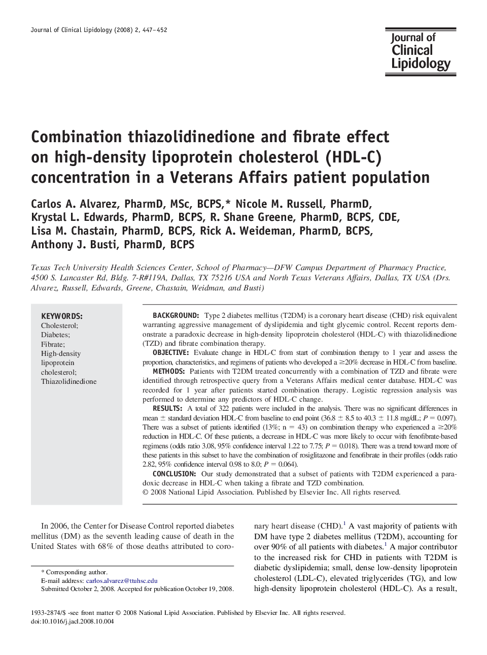 Combination thiazolidinedione and fibrate effect on high-density lipoprotein cholesterol (HDL-C) concentration in a Veterans Affairs patient population