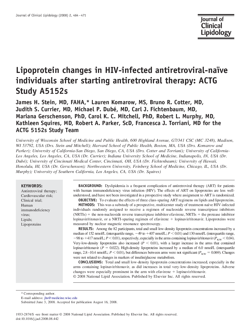 Lipoprotein changes in HIV-infected antiretroviral-naïve individuals after starting antiretroviral therapy: ACTG Study A5152s