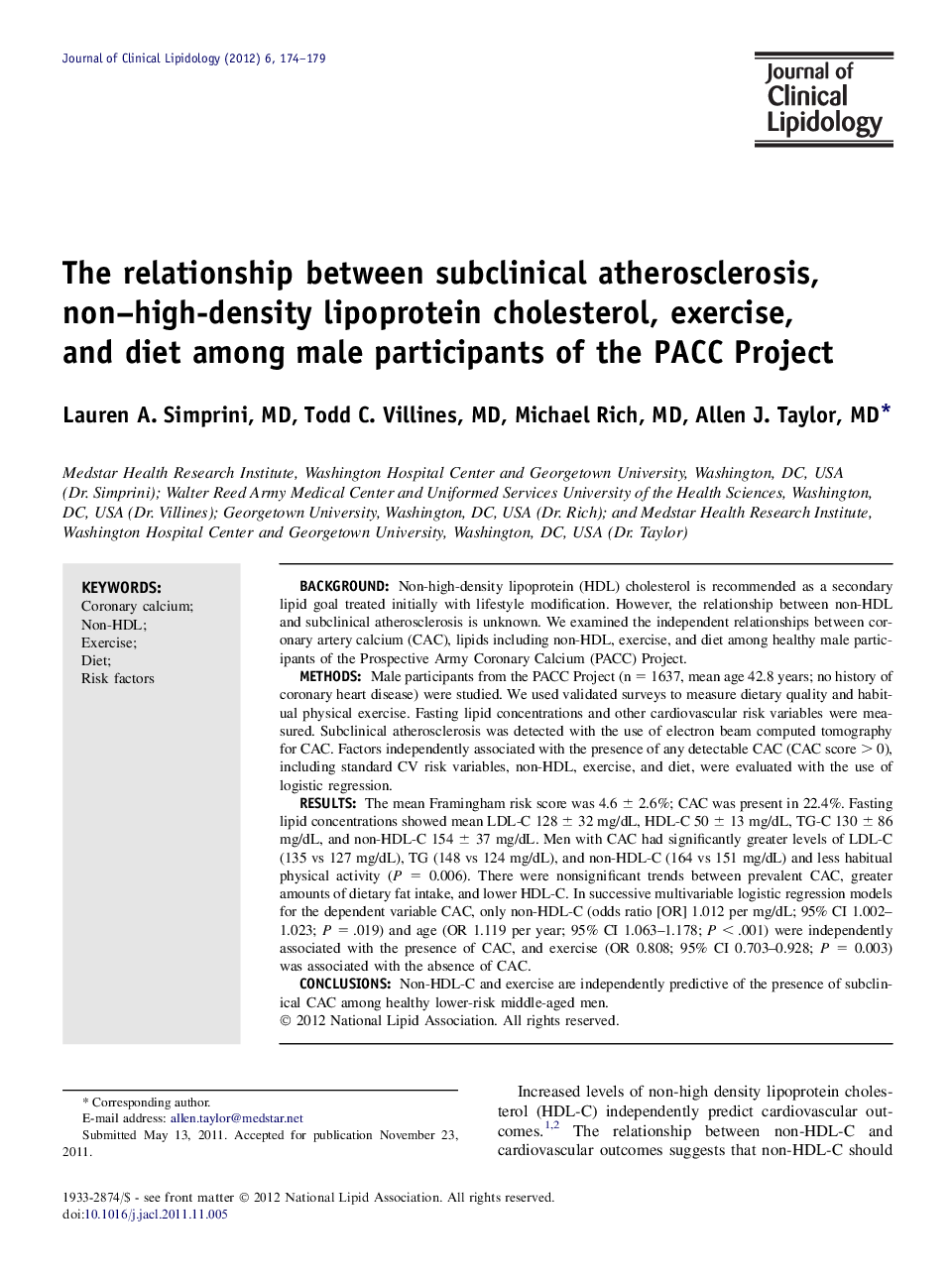 The relationship between subclinical atherosclerosis, non–high-density lipoprotein cholesterol, exercise, and diet among male participants of the PACC Project