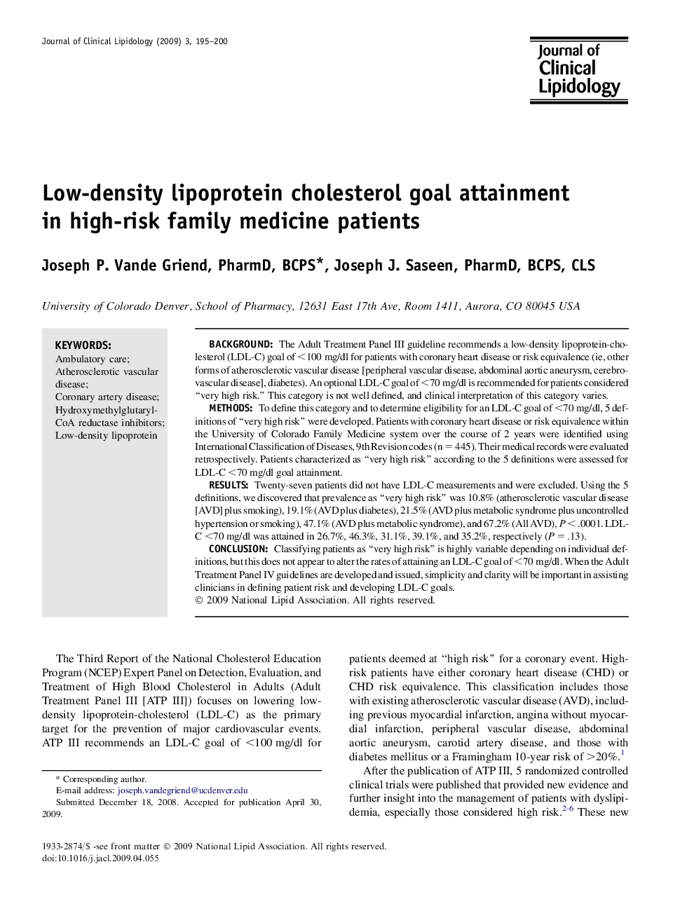 Low-density lipoprotein cholesterol goal attainment in high-risk family medicine patients