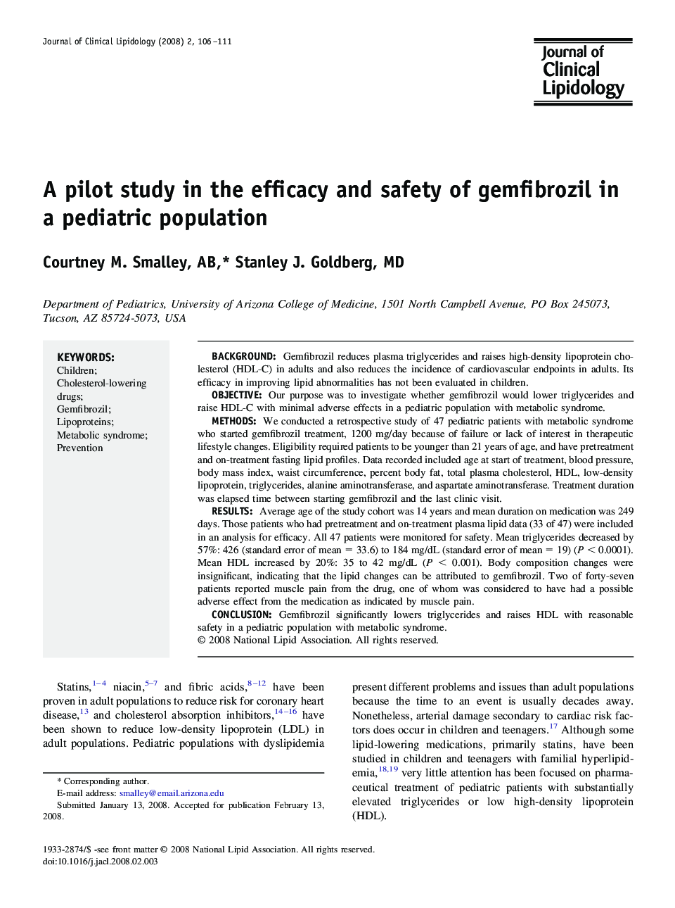 A pilot study in the efficacy and safety of gemfibrozil in a pediatric population