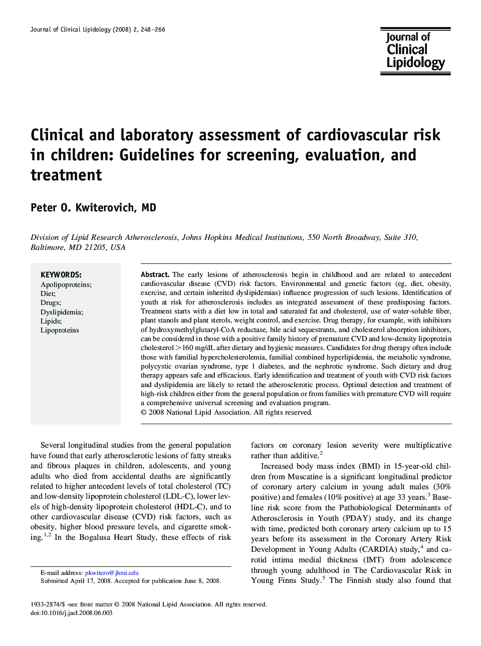 Clinical and laboratory assessment of cardiovascular risk in children: Guidelines for screening, evaluation, and treatment