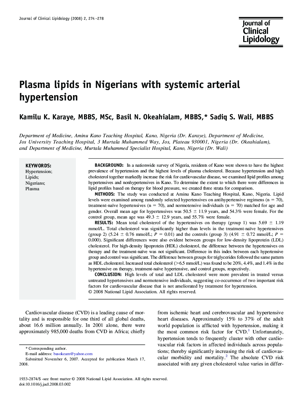 Plasma lipids in Nigerians with systemic arterial hypertension