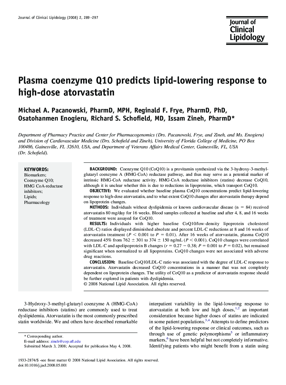 Plasma coenzyme Q10 predicts lipid-lowering response to high-dose atorvastatin