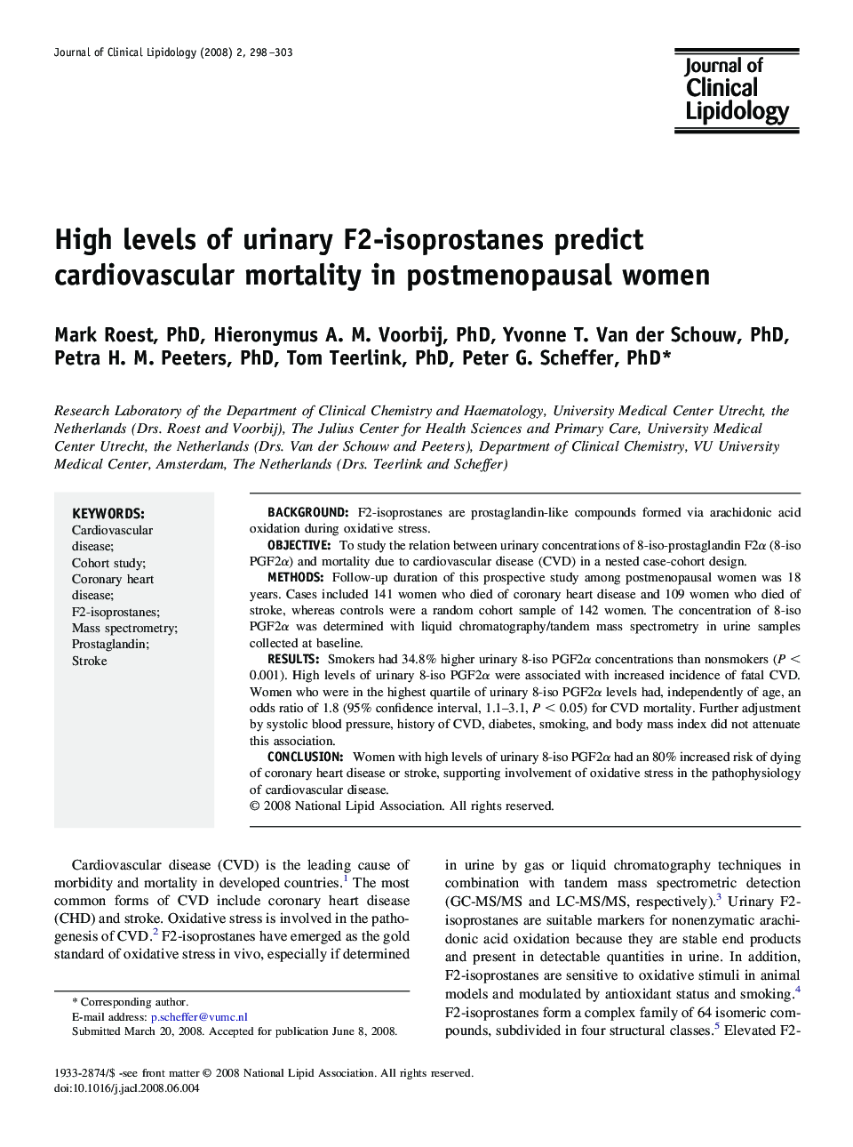 High levels of urinary F2-isoprostanes predict cardiovascular mortality in postmenopausal women