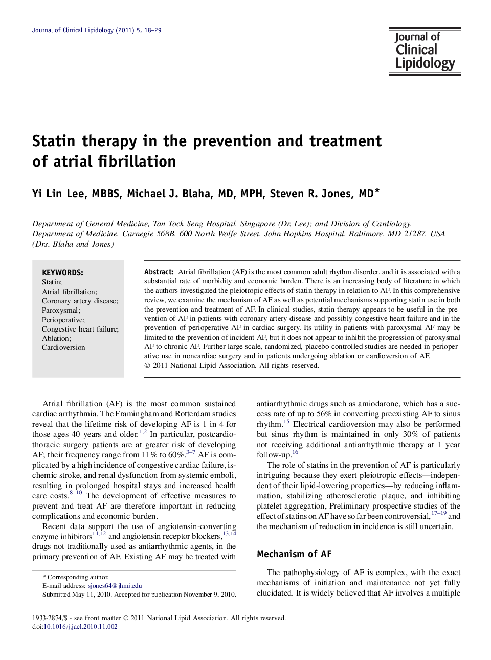 Statin therapy in the prevention and treatment of atrial fibrillation