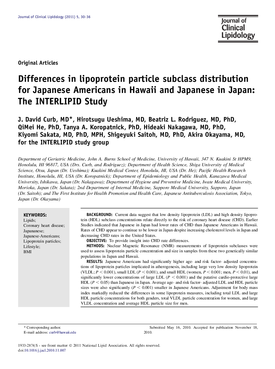 Differences in lipoprotein particle subclass distribution for Japanese Americans in Hawaii and Japanese in Japan: The INTERLIPID Study