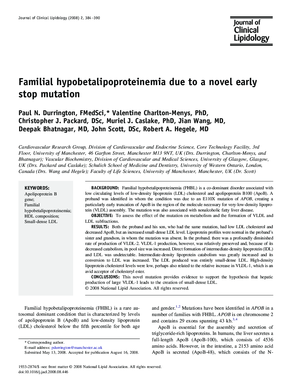 Familial hypobetalipoproteinemia due to a novel early stop mutation