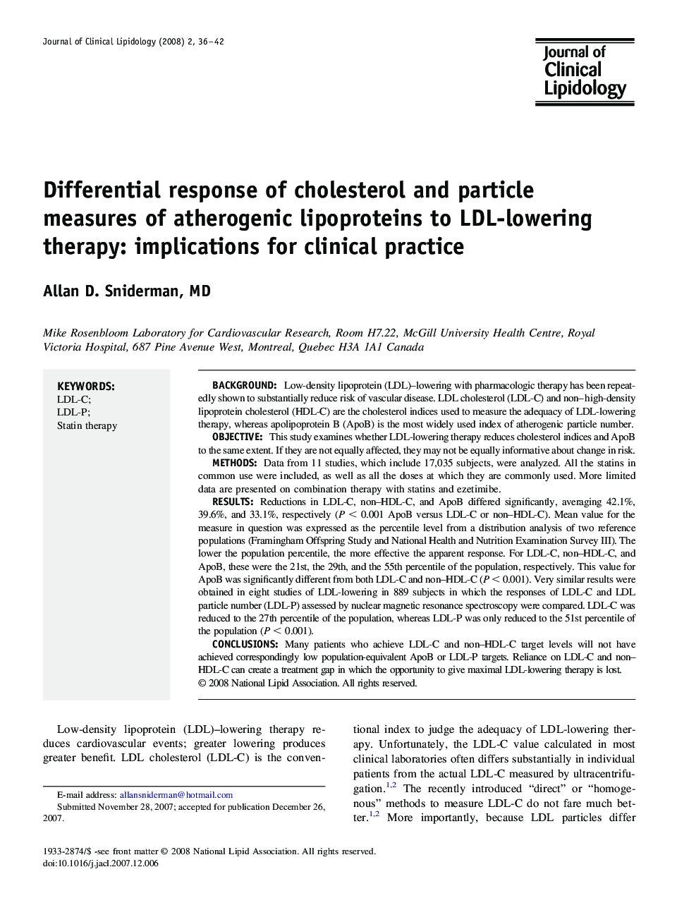 Differential response of cholesterol and particle measures of atherogenic lipoproteins to LDL-lowering therapy: implications for clinical practice