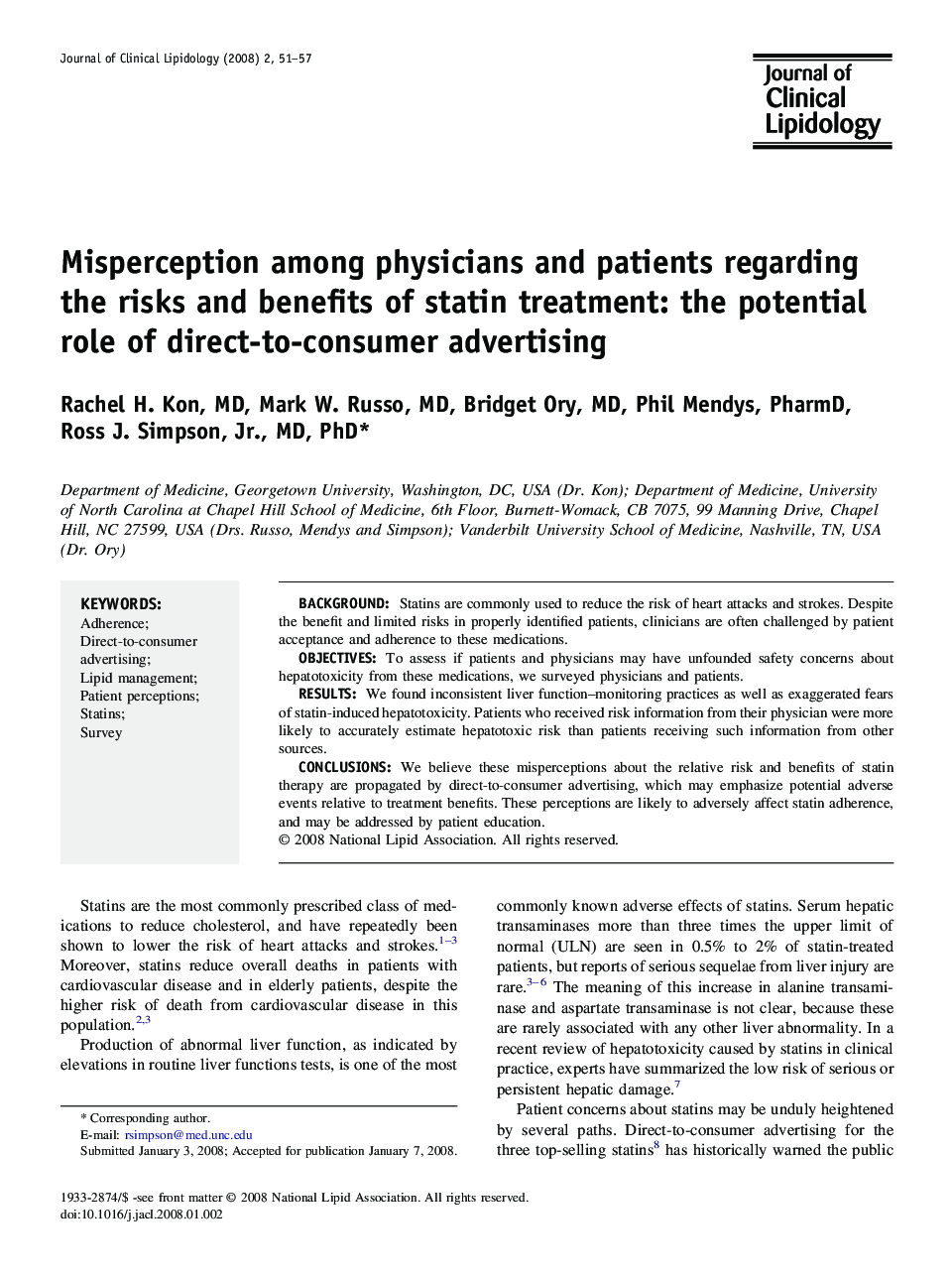 Misperception among physicians and patients regarding the risks and benefits of statin treatment: the potential role of direct-to-consumer advertising
