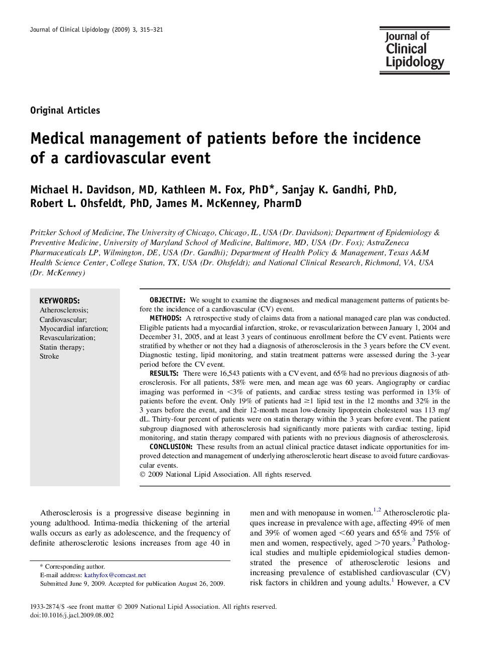 Medical management of patients before the incidence of a cardiovascular event