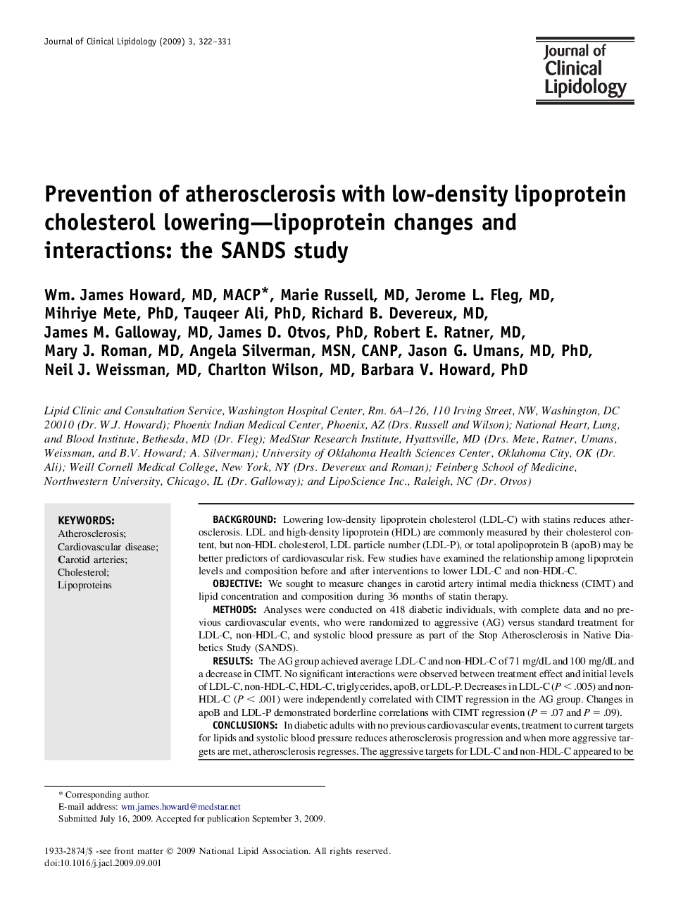 Prevention of atherosclerosis with low-density lipoprotein cholesterol lowering-lipoprotein changes and interactions: the SANDS study
