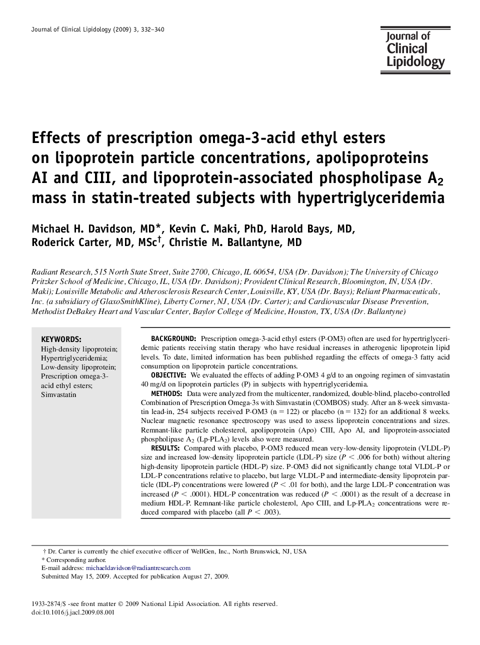 Effects of prescription omega-3-acid ethyl esters on lipoprotein particle concentrations, apolipoproteins AI and CIII, and lipoprotein-associated phospholipase A2 mass in statin-treated subjects with hypertriglyceridemia