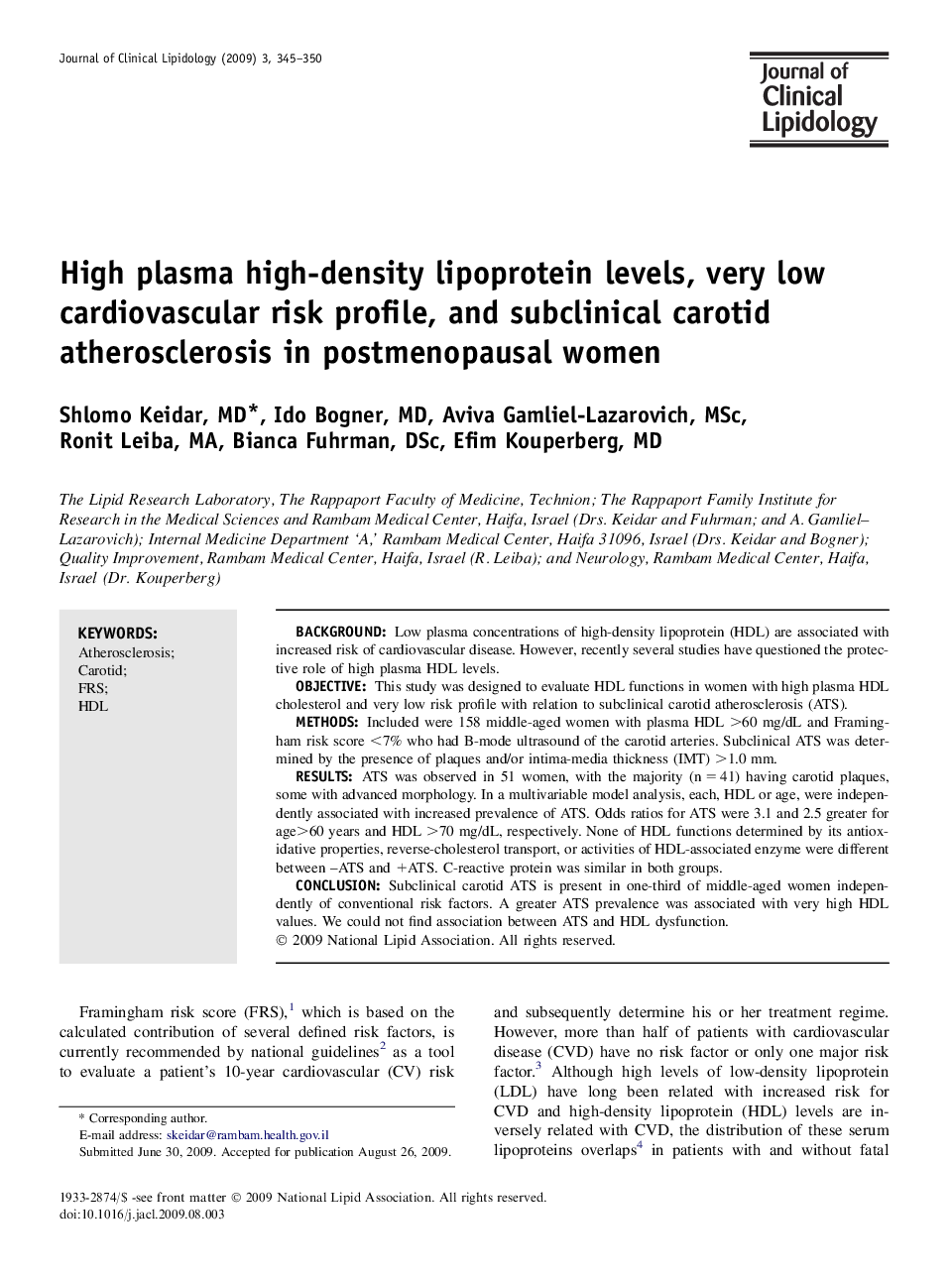 High plasma high-density lipoprotein levels, very low cardiovascular risk profile, and subclinical carotid atherosclerosis in postmenopausal women