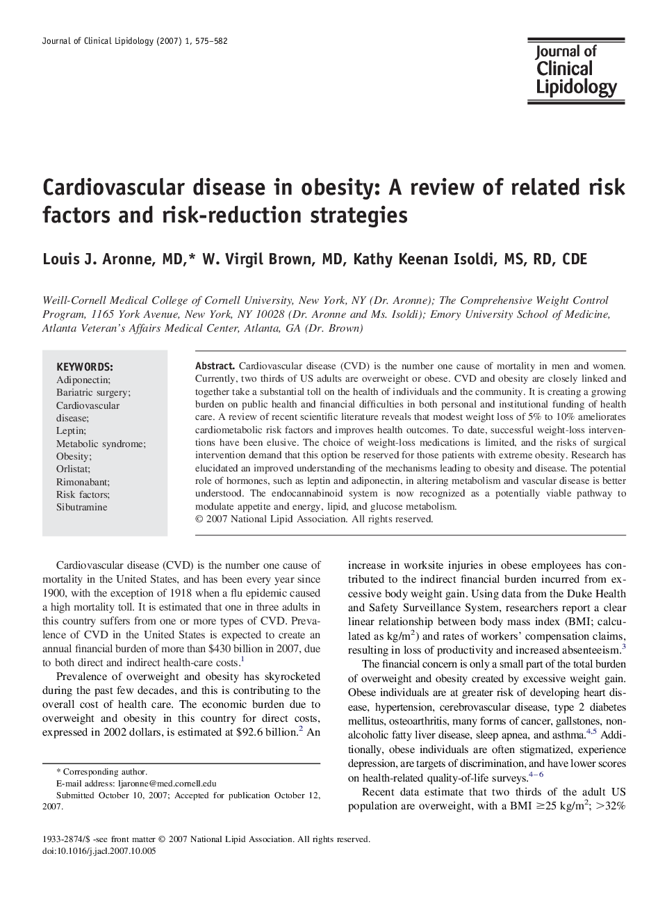 Cardiovascular disease in obesity: A review of related risk factors and risk-reduction strategies