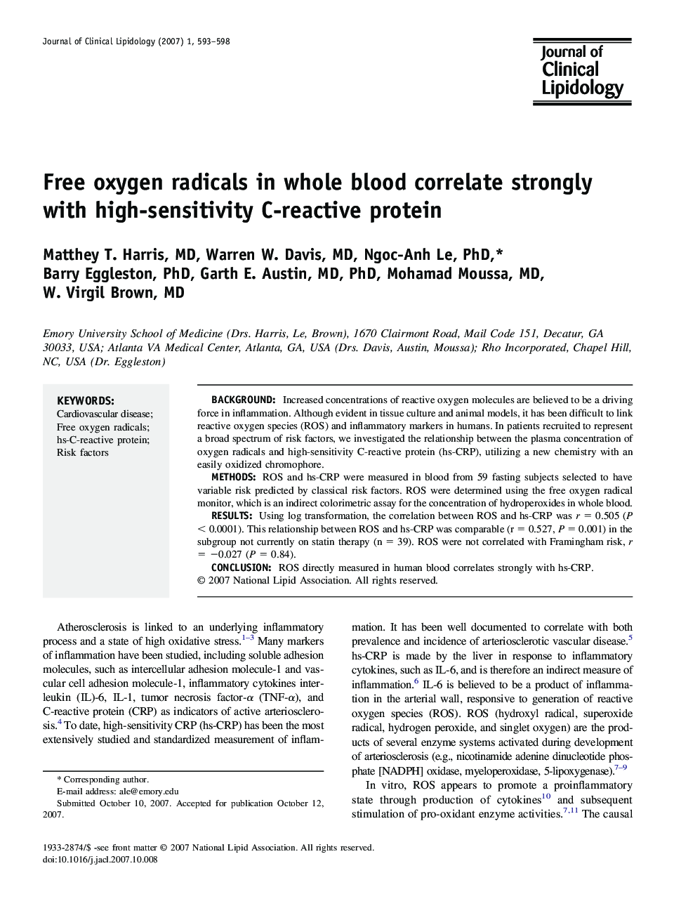 Free oxygen radicals in whole blood correlate strongly with high-sensitivity C-reactive protein