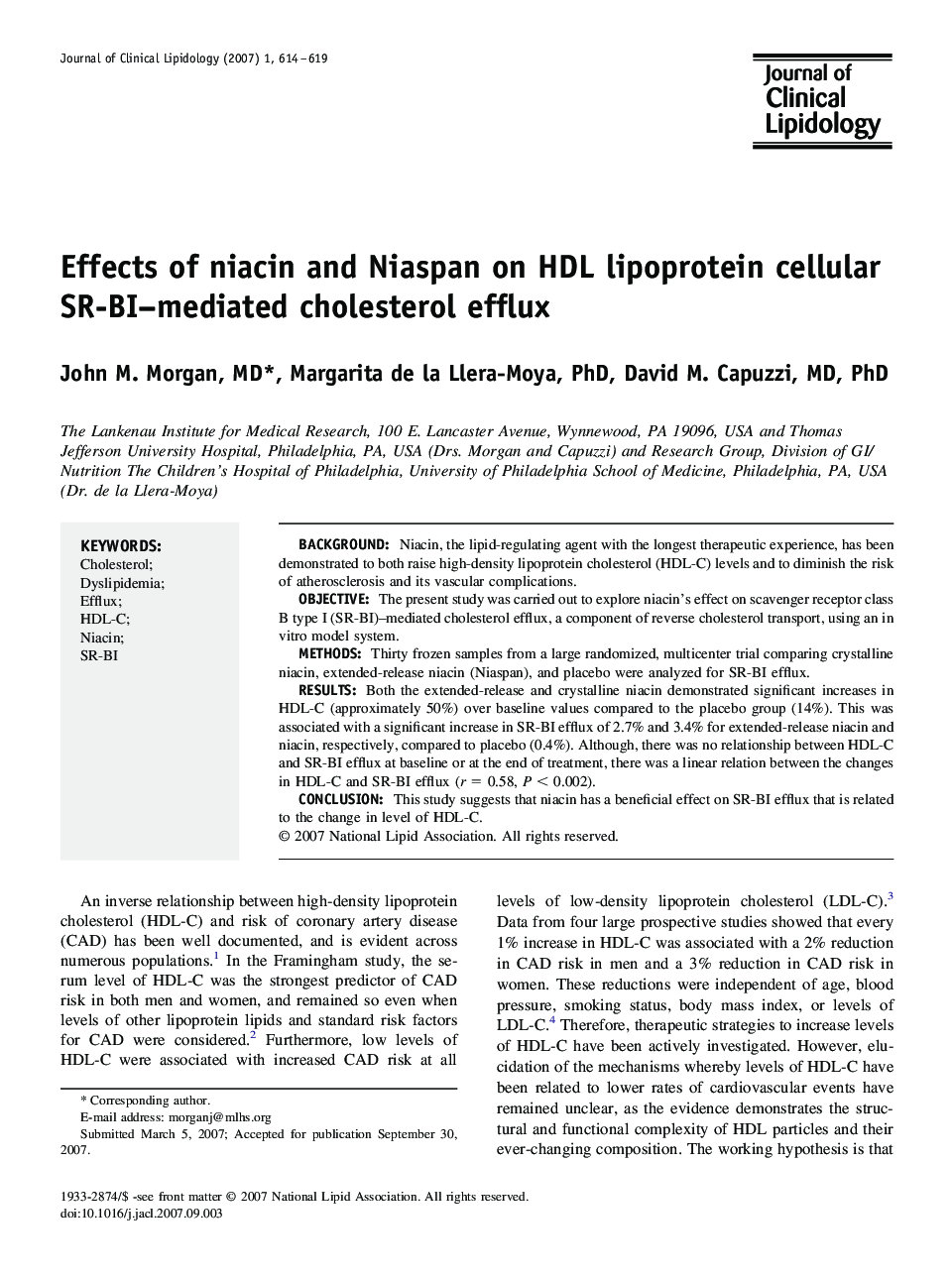 Effects of niacin and Niaspan on HDL lipoprotein cellular SR-BI–mediated cholesterol efflux